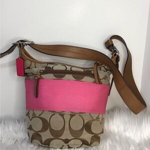 Coach Signature Stripe Tan Pink Duffle Bucket Shoulder Bag